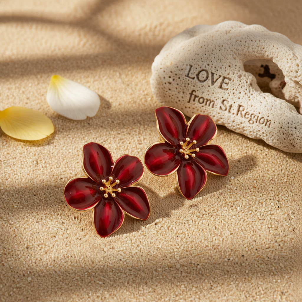 Dark Red Enamel & Goldtone Flower Stud Earrings
