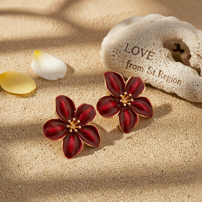 Dark Red Enamel & Goldtone Flower Stud Earrings