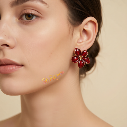 Dark Red Enamel & Goldtone Flower Stud Earrings
