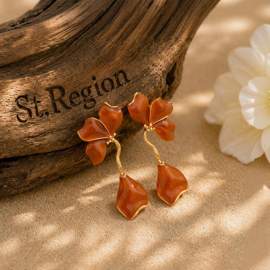 Brown Enamel and Goldtone Petals Dangle Earrings, gold drop earrings for women, dainty minimalist design, front view