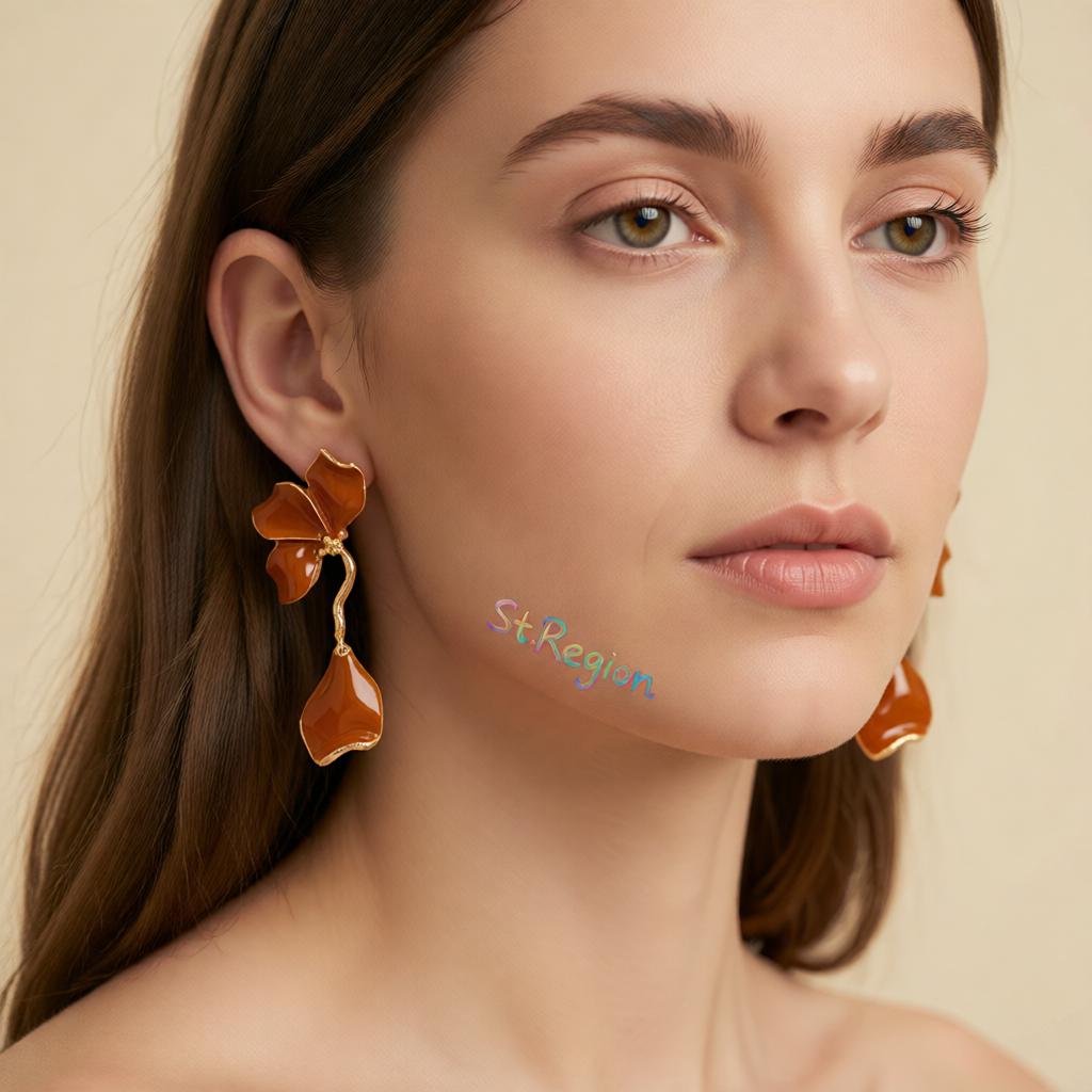 Brown Enamel and Goldtone Petals Dangle Earrings, gold drop earrings for women, dainty minimalist design, styled look