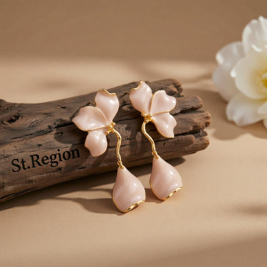 Peach Enamel and Goldtone Petals Dangle Earrings, gold drop earrings for women, botanical inspired, front view