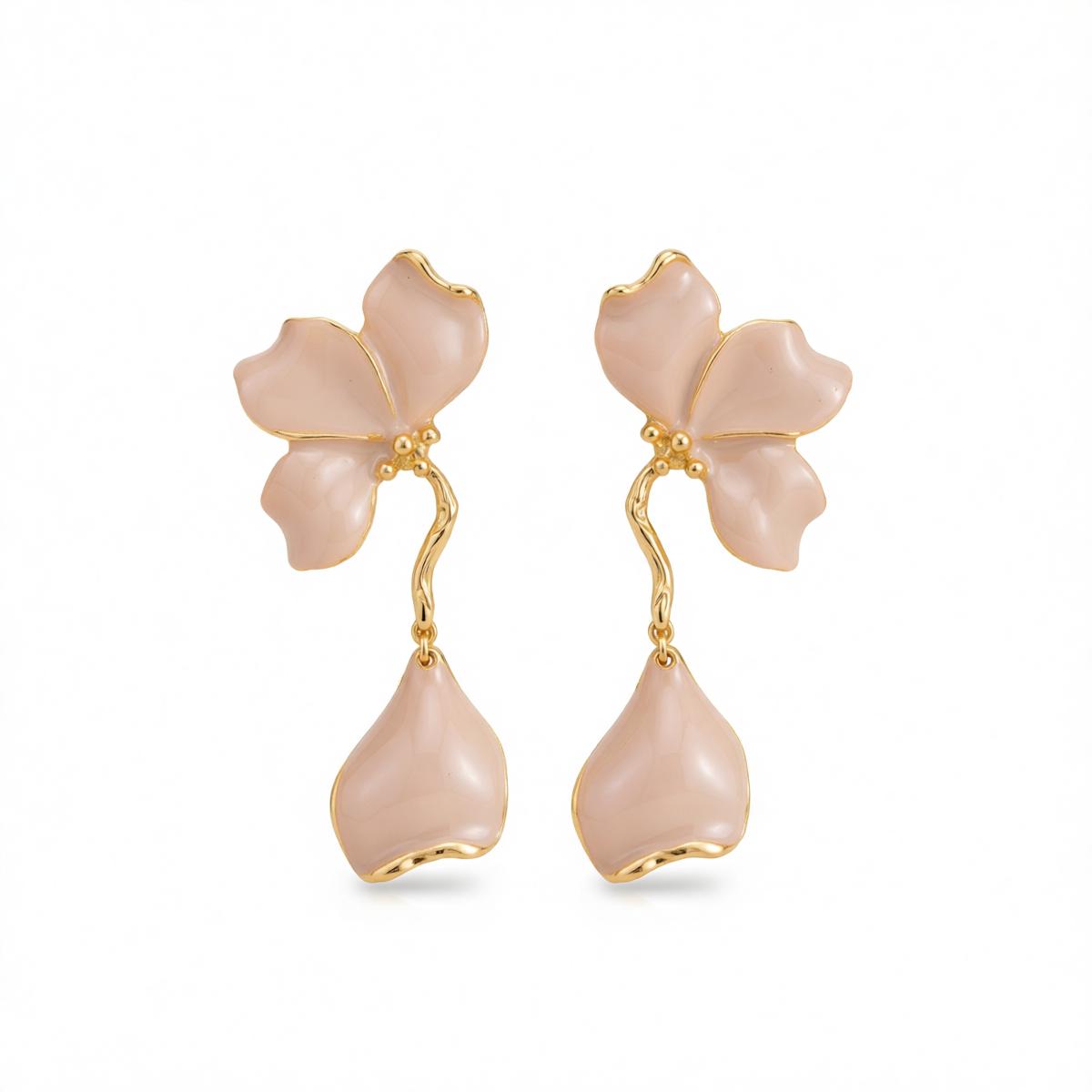 Peach Enamel and Goldtone Petals Dangle Earrings, gold drop earrings for women, botanical inspired, side view