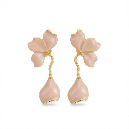 Peach Enamel and Goldtone Petals Dangle Earrings, gold drop earrings for women, botanical inspired, side view