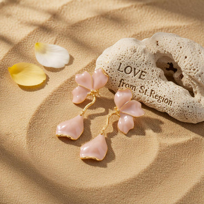 Peach Enamel and Goldtone Petals Dangle Earrings, gold drop earrings for women, botanical inspired, lifestyle look