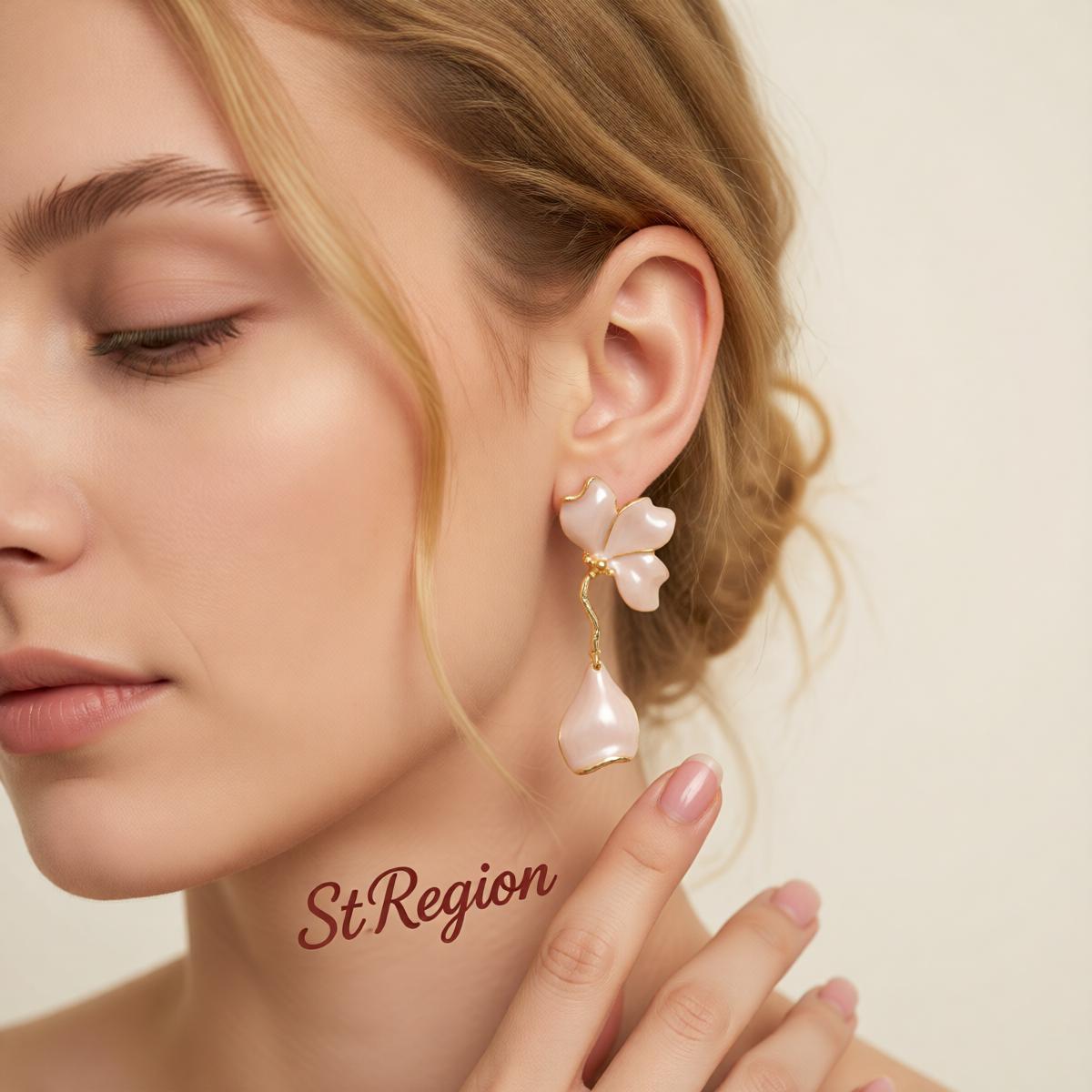 Peach Enamel and Goldtone Petals Dangle Earrings, gold drop earrings for women, botanical inspired, styled look