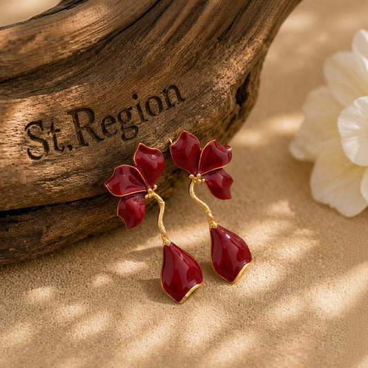 Red Enamel and Goldtone Petals Dangle Earrings, gold drop earrings for women, botanical inspired, front view