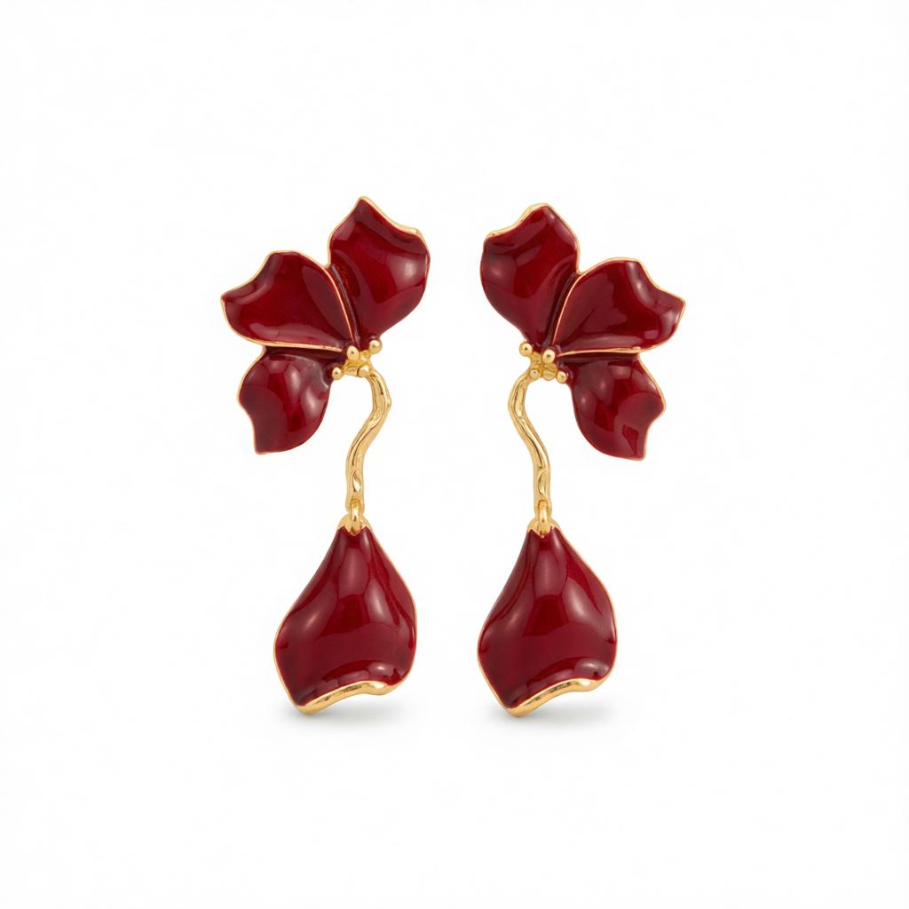 Red Enamel and Goldtone Petals Dangle Earrings, gold drop earrings for women, botanical inspired, side view