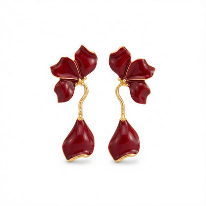 Red Enamel and Goldtone Petals Dangle Earrings, gold drop earrings for women, botanical inspired, side view
