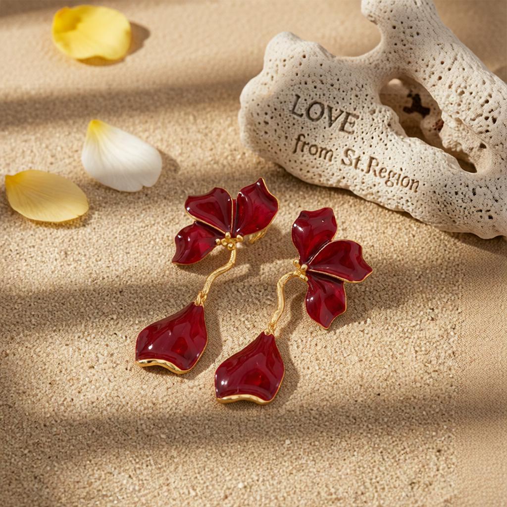 Red Enamel and Goldtone Petals Dangle Earrings, gold drop earrings for women, botanical inspired, lifestyle look