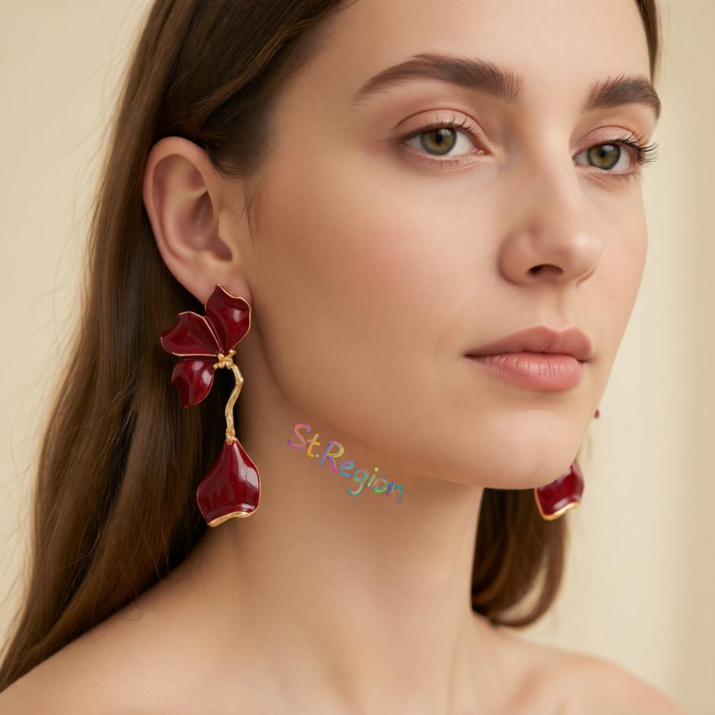 Red Enamel and Goldtone Petals Dangle Earrings, gold drop earrings for women, botanical inspired, styled look