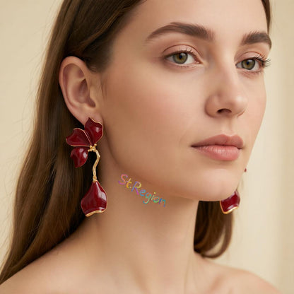 Red Enamel and Goldtone Petals Dangle Earrings, gold drop earrings for women, botanical inspired, styled look