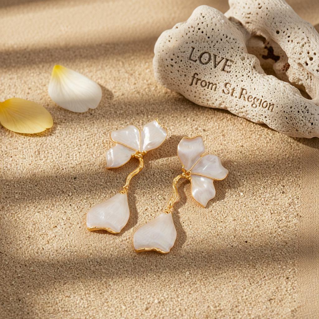 White Enamel and Goldtone Petals Dangle Earrings, gold drop earrings for women, botanical inspired, lifestyle look