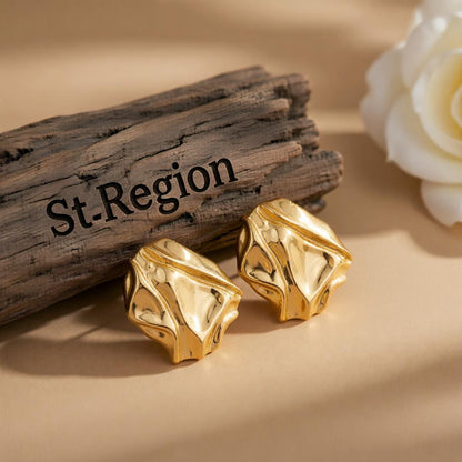 Goldtone Textured Stud Earrings, cubic zirconia stud earrings for women, botanical inspired, front view