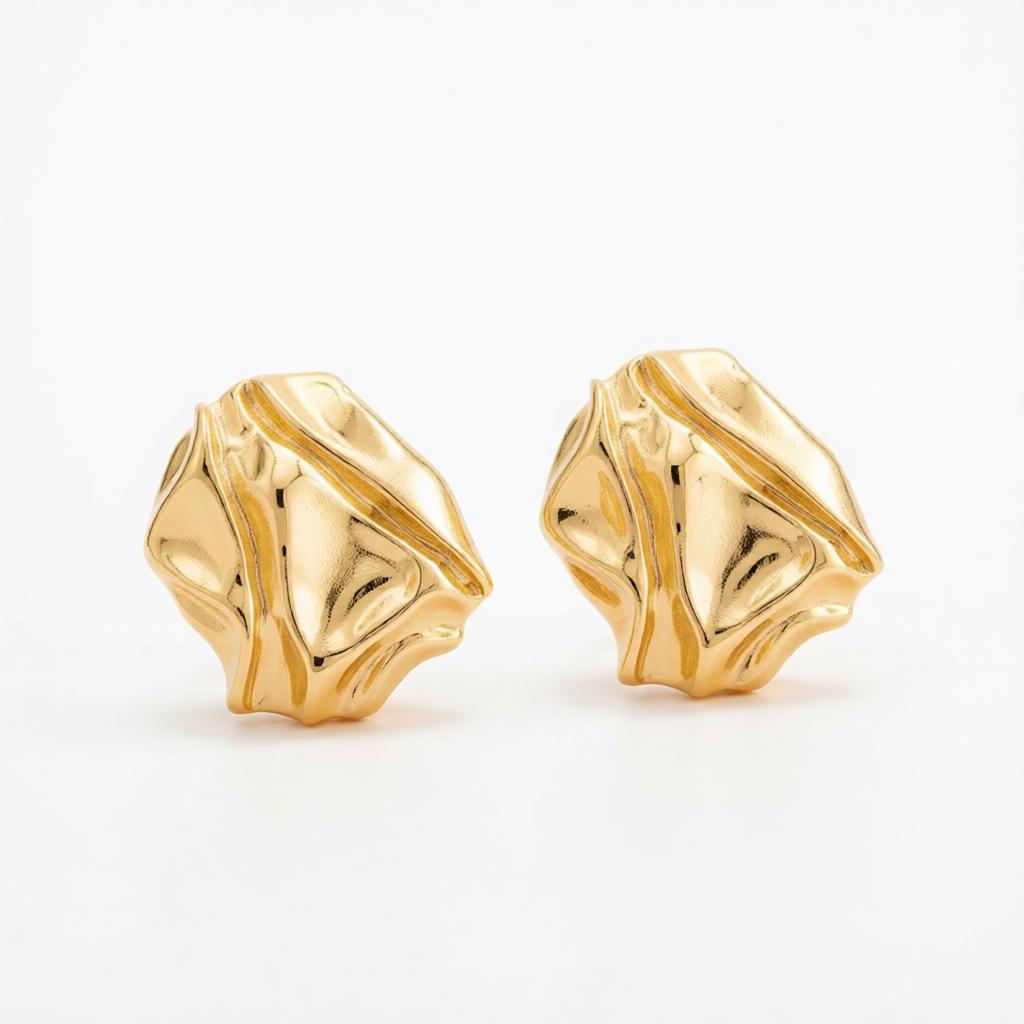Goldtone Textured Stud Earrings, cubic zirconia stud earrings for women, botanical inspired, side view
