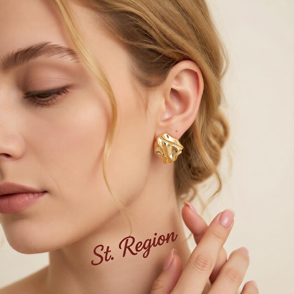 Goldtone Textured Stud Earrings, cubic zirconia stud earrings for women, botanical inspired, styled look