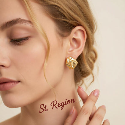 Goldtone Textured Stud Earrings, cubic zirconia stud earrings for women, botanical inspired, styled look
