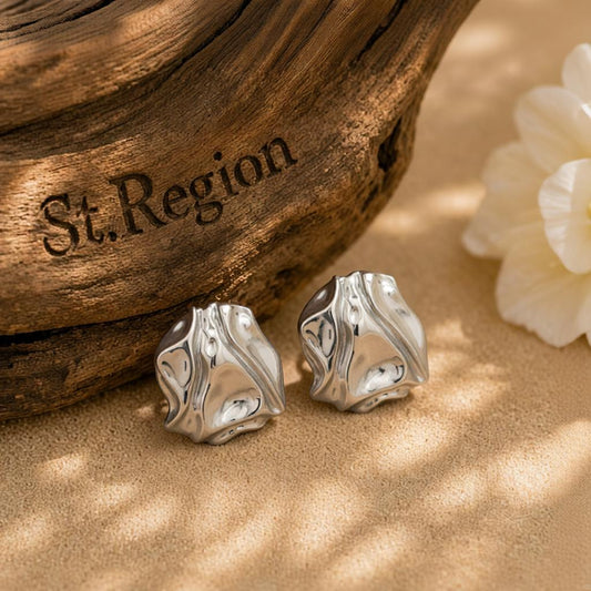 Silvertone Textured Stud Earrings, cubic zirconia stud earrings for women, dainty minimalist design, front view