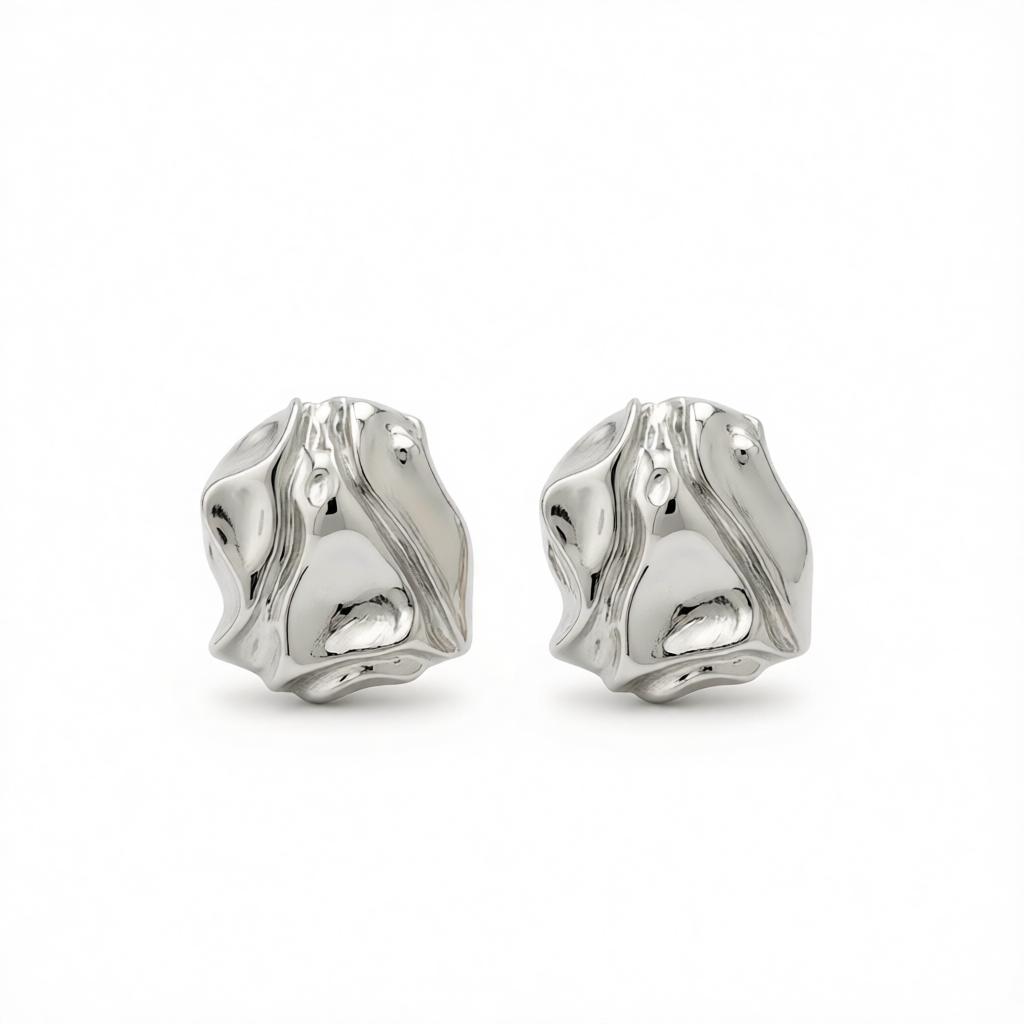 Silvertone Textured Stud Earrings, cubic zirconia stud earrings for women, dainty minimalist design, side view