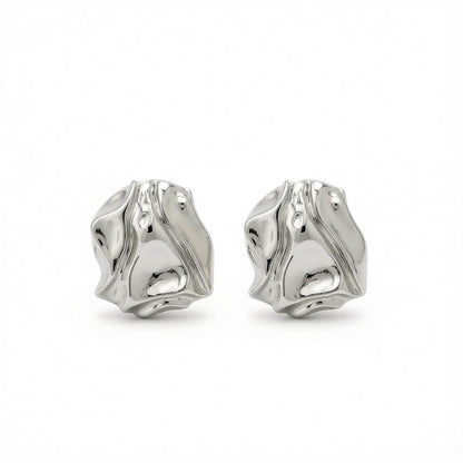 Silvertone Textured Stud Earrings, cubic zirconia stud earrings for women, dainty minimalist design, side view
