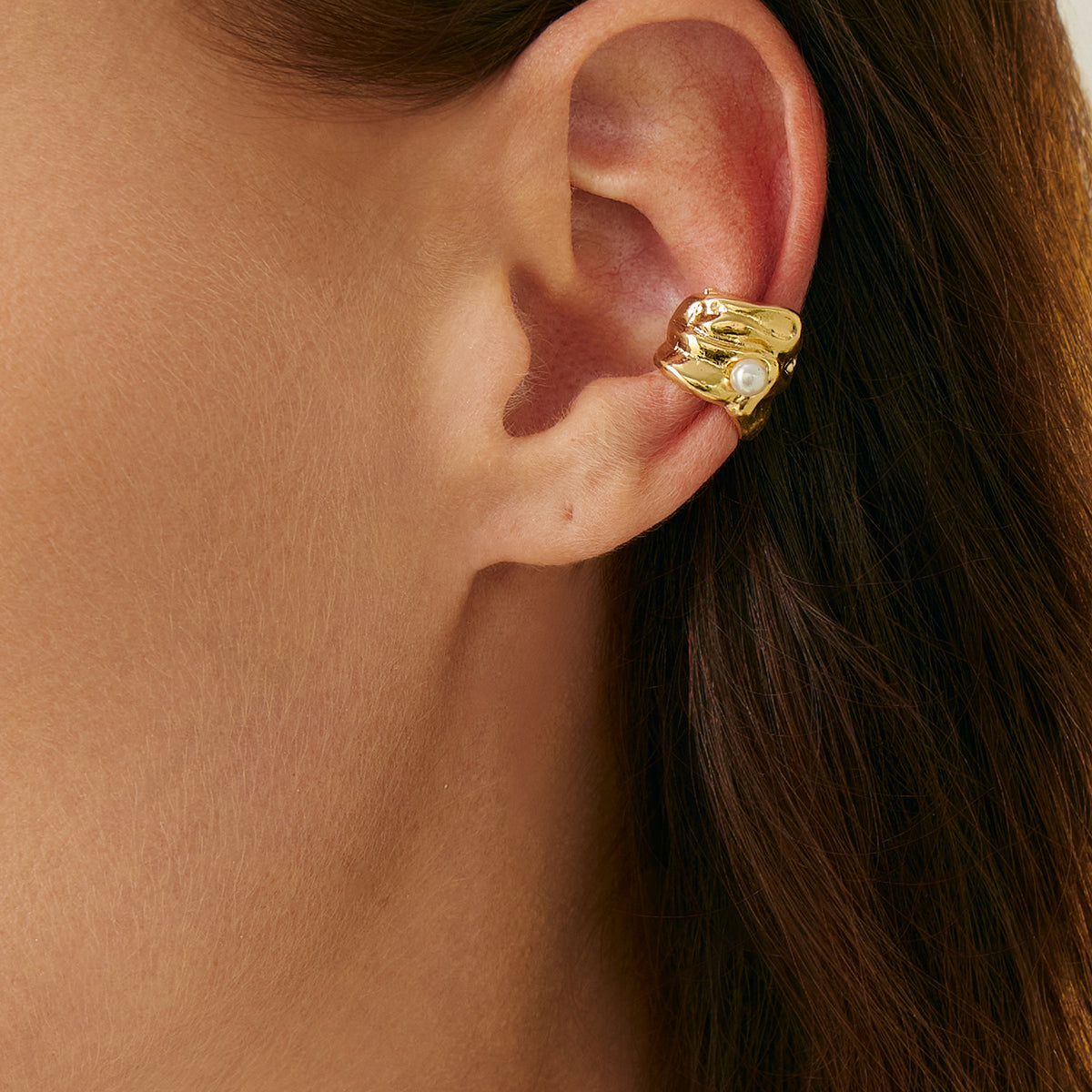 Pearl and Goldtone Wrinkled Ear Cuff, botanical inspired, lifestyle look