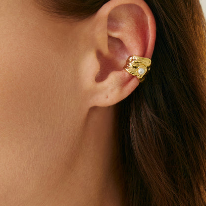 Pearl and Goldtone Wrinkled Ear Cuff, botanical inspired, lifestyle look
