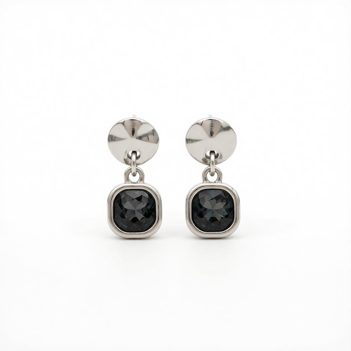 Gray Crystal and Silvertone Square Dangle Earrings, silver drop earrings for women, dainty minimalist design, side view