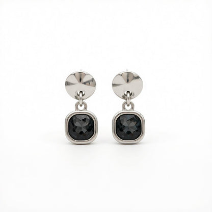 Gray Crystal and Silvertone Square Dangle Earrings, silver drop earrings for women, dainty minimalist design, side view