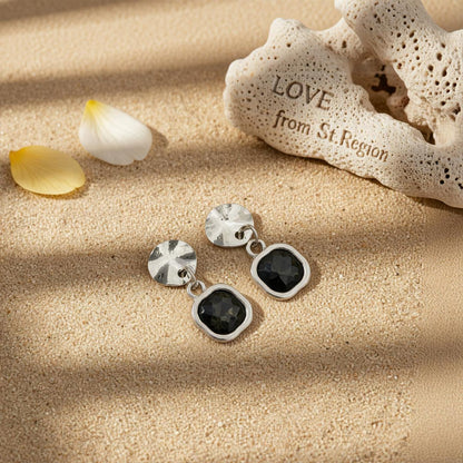 Gray Crystal and Silvertone Square Dangle Earrings, silver drop earrings for women, dainty minimalist design, lifestyle look