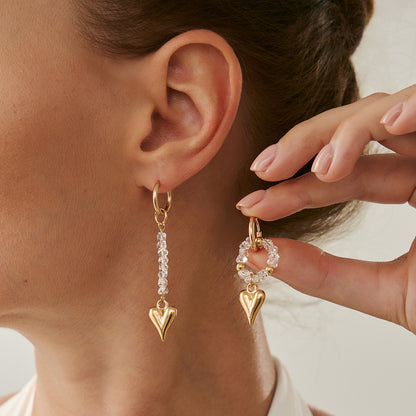 Clear Acrylic and Goldtone Mismatching Heart Dangle Earrings, dainty minimalist design, lifestyle look