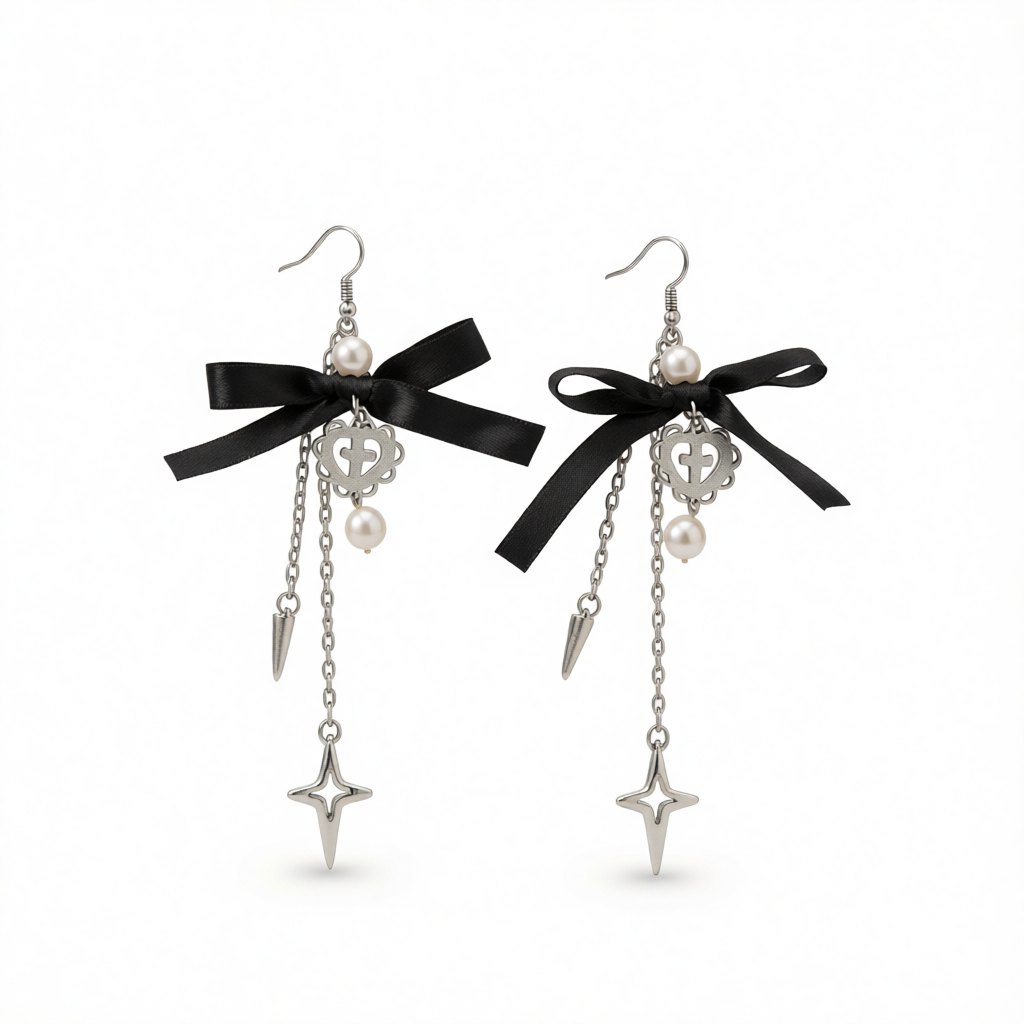 Polyster & Pearl Silvertone Bow Heart Awl Star Dangle Earrings