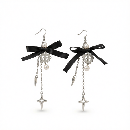 Polyster & Pearl Silvertone Bow Heart Awl Star Dangle Earrings