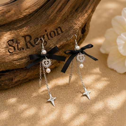 Polyster & Pearl Silvertone Bow Heart Awl Star Dangle Earrings