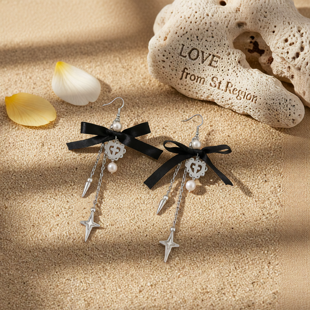 Polyster & Pearl Silvertone Bow Heart Awl Star Dangle Earrings