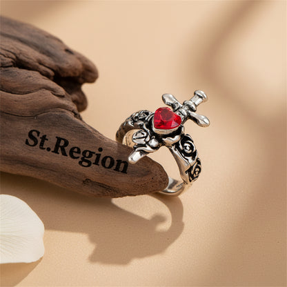 Red Heart Crystal & Silvertone Sword Ear Cuff