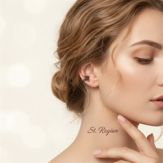 Red Heart Crystal & Silvertone Sword Ear Cuff