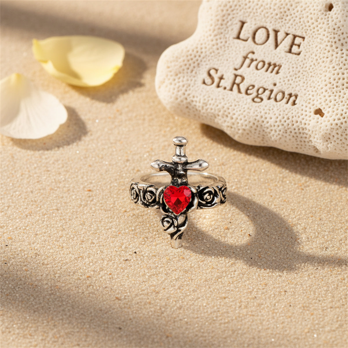 Red Heart Crystal & Silvertone Sword Ear Cuff