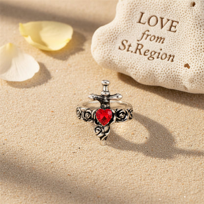 Red Heart Crystal & Silvertone Sword Ear Cuff