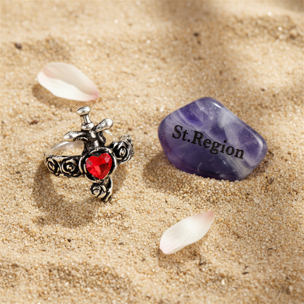 Red Heart Crystal & Silvertone Sword Ear Cuff