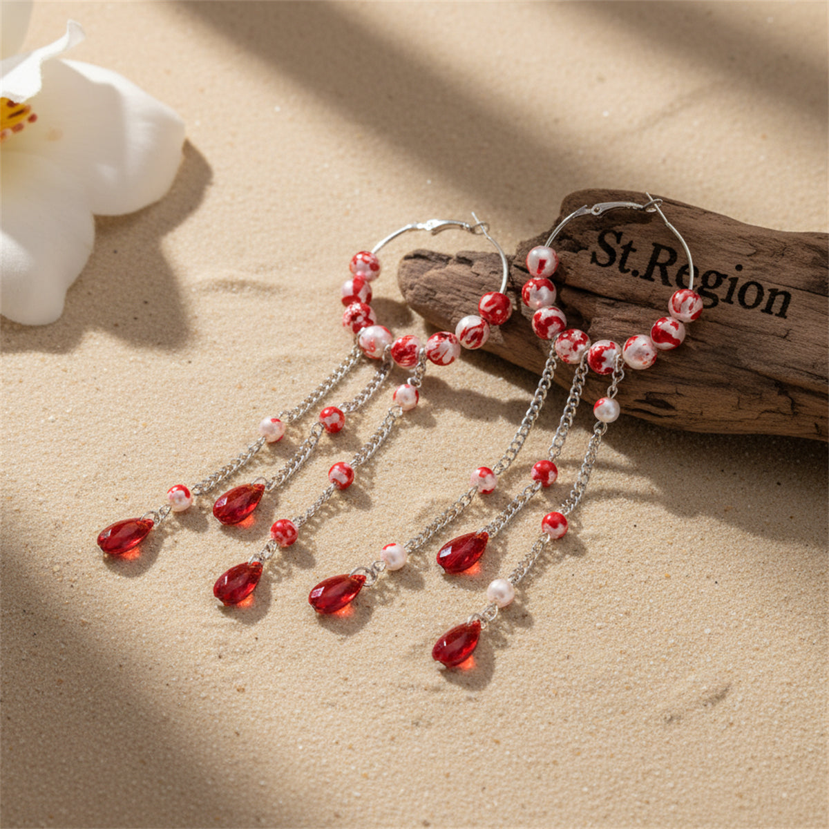 Red Crystal & Enamel Pearl Silvertone Beaded Hoop Tassel Dangle Earrings