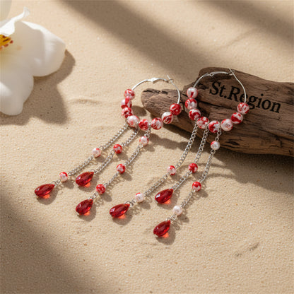 Red Crystal & Enamel Pearl Silvertone Beaded Hoop Tassel Dangle Earrings