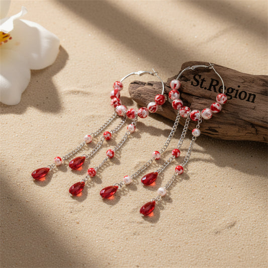 Red Crystal & Enamel Pearl Silvertone Beaded Hoop Tassel Dangle Earrings