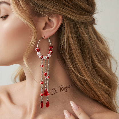 Red Crystal & Enamel Pearl Silvertone Beaded Hoop Tassel Dangle Earrings