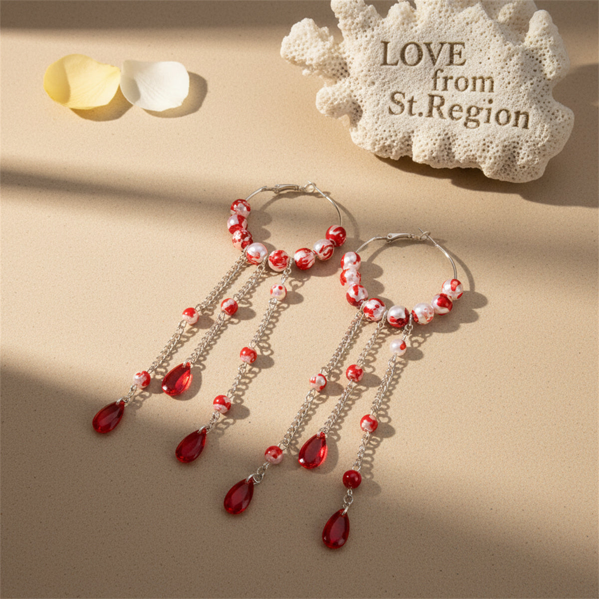 Red Crystal & Enamel Pearl Silvertone Beaded Hoop Tassel Dangle Earrings