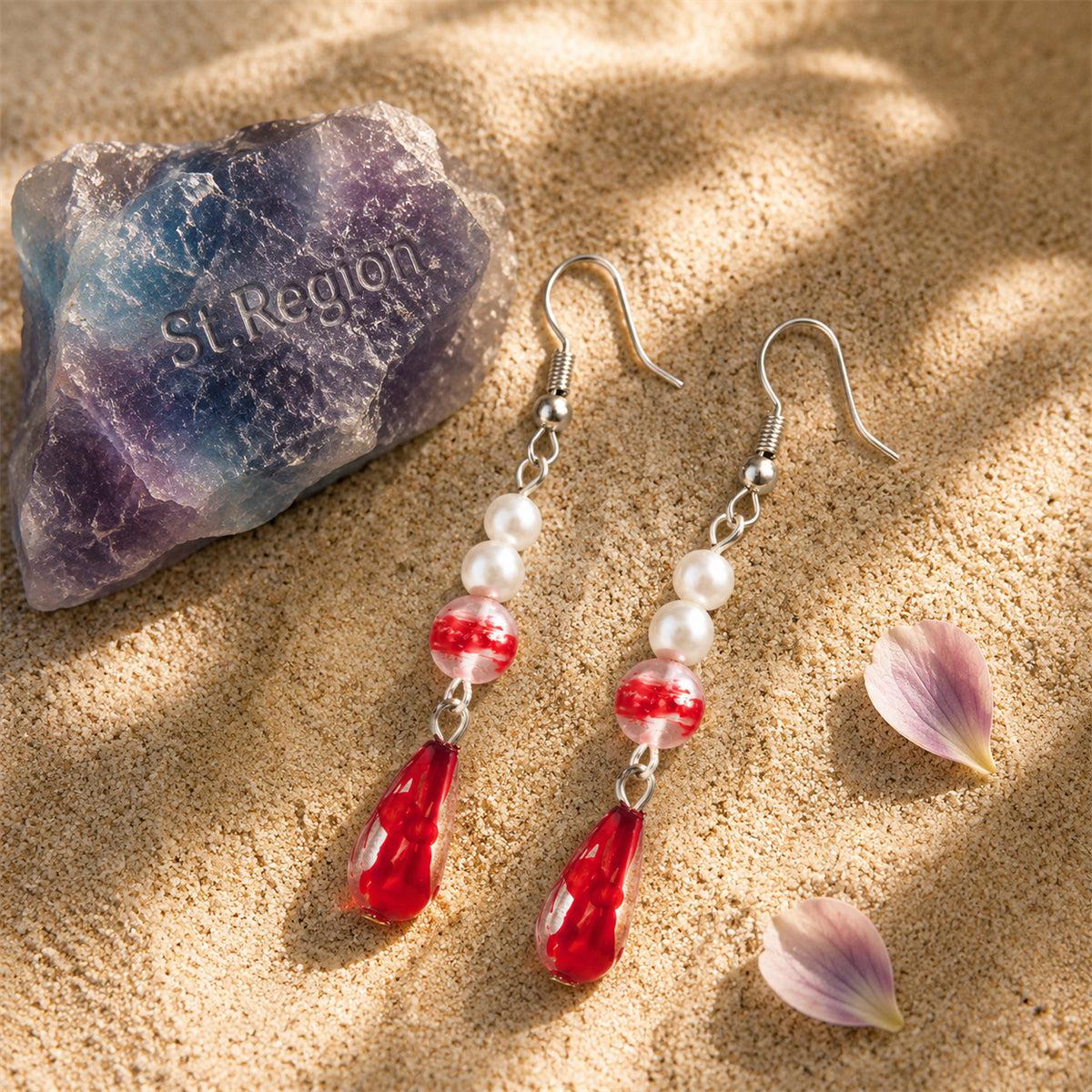 Pearl and Red Enamel Silvertone Drop Dangle Earrings, silver drop earrings for women, elegant gift for her, detail close-up