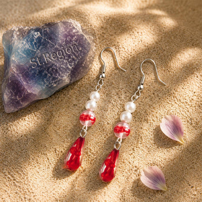 Pearl and Red Enamel Silvertone Drop Dangle Earrings, silver drop earrings for women, elegant gift for her, detail close-up