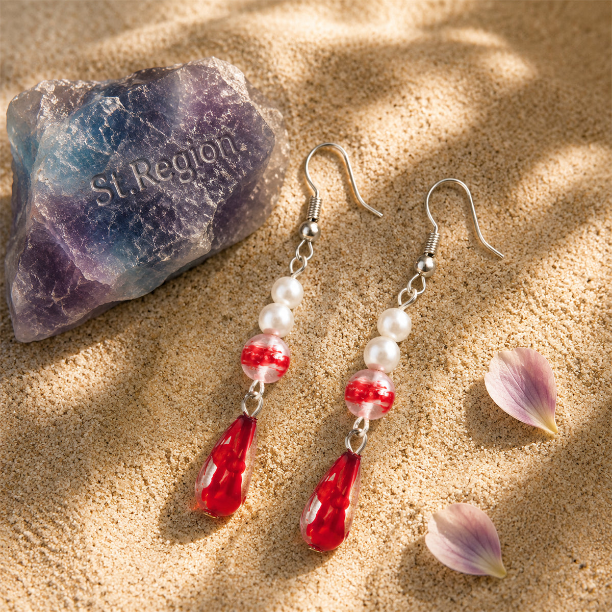 Pearl & Red Enamel Silvertone Drop Dangle Earrings