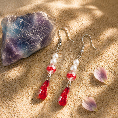 Pearl & Red Enamel Silvertone Drop Dangle Earrings