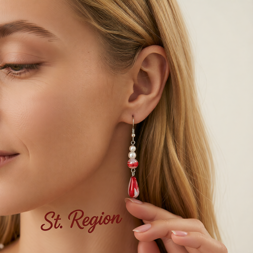 Pearl & Red Enamel Silvertone Drop Dangle Earrings