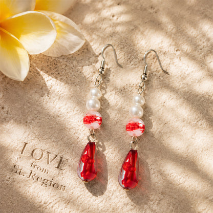 Pearl & Red Enamel Silvertone Drop Dangle Earrings
